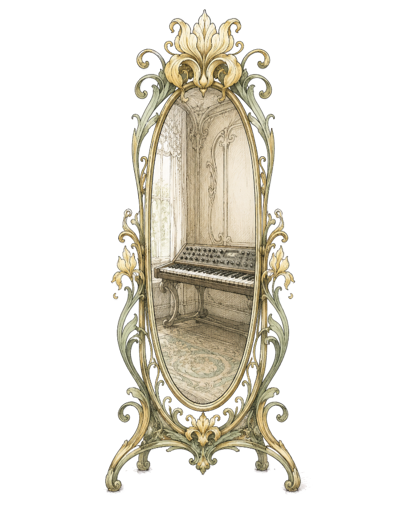 A synth keyboard reflected in a mirror